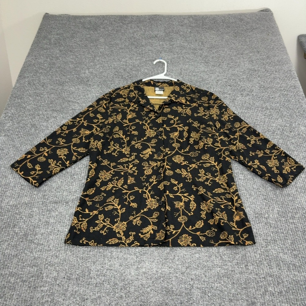 Vintage First Option Button Up Shirt Womens Large Black Linen Floral Casual Boho